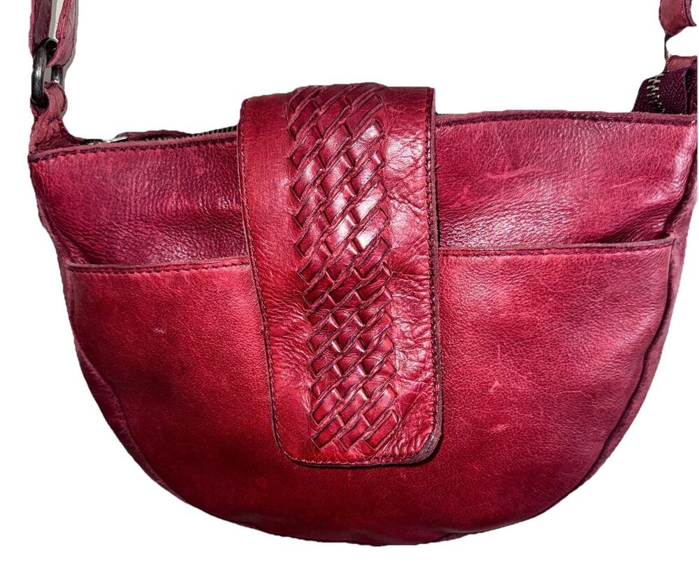 Vilenca Genuine Leather Dark Red Adjustable Crossbody Woven Flap